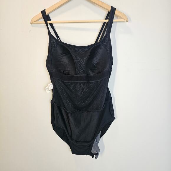 Robby Len Modest Polka Dot Blue and Black Empire Swim‎ Dress Swimsuit Size 16W - Picture 7 of 12